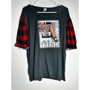 Davida Women’s Ruffle Plaid Sleeve Gray Top Setting The Trend Rhinestone Size3XL